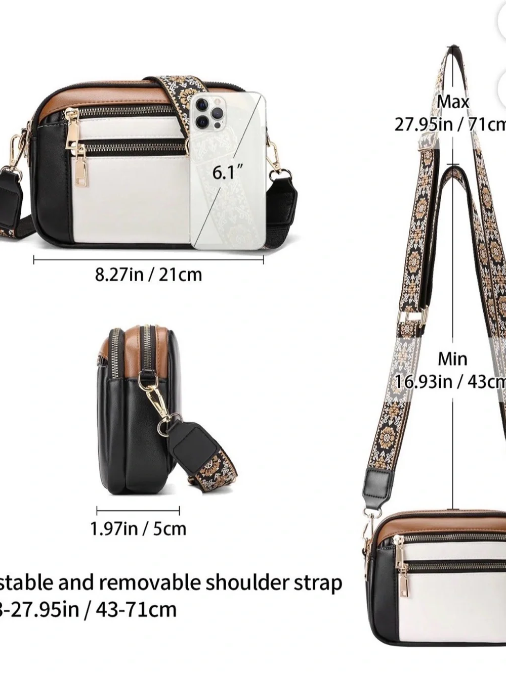 GAEKEAO Women’s Crossbody Purse Multi Pocket Shoulder Handbag Black/White/Brown - Picture 2 of 10